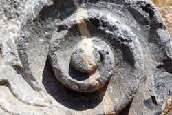 Close-up spiral carved stone. Ancient stone ornament