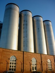 Molson Coors Brewery steel tanks in Burton on Trent, UK.