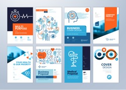 Set of medical brochure, annual report, flyer design templates in A4 size. Vector illustrations for medical, healthcare, pharmacy presentation, document cover and layout template designs.