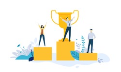 Vector illustration concept of business success, leadership, awards, career, successful projects, goal, winning plan, competition. Creative flat design for web banner, business material.