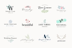 Set of elegant and luxury signs for beauty, natural and organic products, cosmetics, spa and wellness, fashion, wedding and jewelry. Vector illustrations for graphic and web design, marketing material
