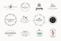 Set of elegant signs and badges for beauty, natural and organic products, cosmetics, spa and wellness, fashion, wedding and jewelry. Vector illustrations for graphic and web design, marketing material