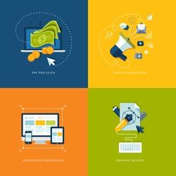 Set of flat design concept icons for web and mobile services and apps. Icons for pay per click internet advertising, digital marketing, responsive web design and graphic design.