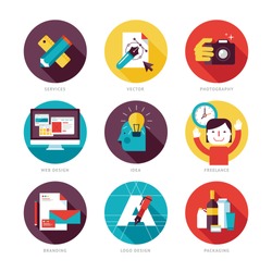 Set of modern flat design icons on design development theme. Icons for graphic design, web design, branding, packaging design, freelance designers, photography and creative design process