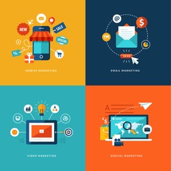 Set of flat design concept icons for web and mobile phone services and apps. Icons for mobile marketing, email marketing, video marketing and digital marketing.