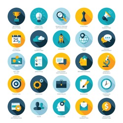 Set of flat design icons for Business, SEO and Social media marketing 