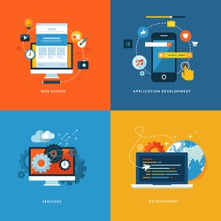 Set of flat design concept icons for web and mobile phone services and apps. Icons for web design, application development, services and programming.    