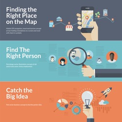 Set of flat design concepts for mobile GPS navigation, career, and business. Concepts for Finding the right place on the map for travel and tourism, employee selection, big idea in business.