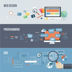 Set of flat design concepts for web development. Concepts for web design, programming and SEO.