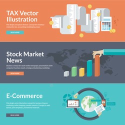 Flat design concepts for business and finance. Concepts for finance, taxes, bookkeeping, accounting, stock market news, strategy and planning, marketing, e-commerce, market research, business.   