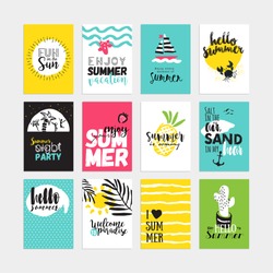 Hand drawn watercolor summer cards and banners collection. Vector illustrations for graphic and web design, for summer vacation, beach party, greeting cards, enjoying the sun and sea