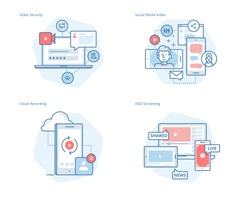 Set of concept line icons for social media video, cloud recording, VOD streaming, video security, online video streaming. UI/UX kit for web design, applications, mobile interface, print design. 