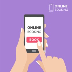 Hand holding smartphone with book button on screen. Concept of online booking mobile application. Flat design vector illustration