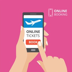Hand holding smartphone with book button and airplane icon on screen. Design concept of online tickets, flight booking mobile application. Flat design vector illustration