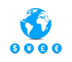world currencies icons under map of world