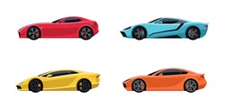Set of four original Super Sports Cars in side view.  Flat style.
