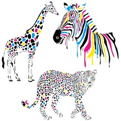 Wild animals vector set with giraffe, zebra and leopard in cmyk-concept style