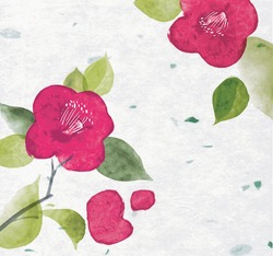 Pink japanese camelia flowers on rice paper background. Traditional Japanese ink wash painting sumi-e in romantic style