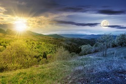 day and night equinox time change concept above mountainous countryside scenery in spring. trees and grass on hills rolling through green valley in to the distant ridge with sun and moon on the sky