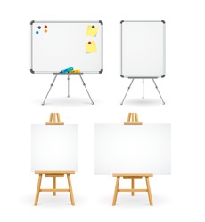 Realistic Detailed 3d White Boards Set Empty Template Mockup and with Magnets and Whiteboard Markers . Vector illustration