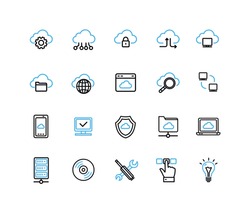 Cloud Computing Sign Black and Blue Thin Line Icon Set Include of Telephone and Document. Vector illustration of Icons