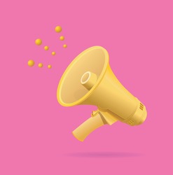 Realistic Detailed 3d Yellow Megaphone on a Pink Background Symbol of Announce. Vector illustration of Speakerphone