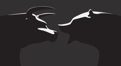 A vector illustration of two castings depicting a stylized bull opposing a bear in dramatic light representing  financial market trends on an dark background