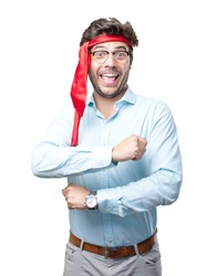 businessman on late party with tie on head