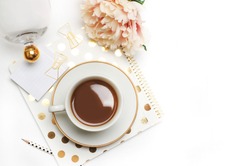 Wedding background mock-up. Flat lay. Coffee with notebook, and peony flower