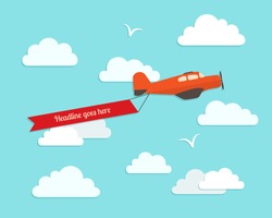 Airplane in the cloudy sky. Flat vector illustration.