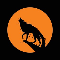 Vector logo illustration of a wolf roaring at full moon