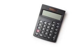 Calculator on white background, Top view