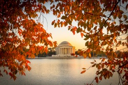 Thomas Jefferson memorial from Tidal basin, Washington D.C. in Fall during sunset 