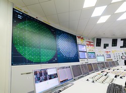 The central control room of nuclear power plant. Fragment of nuclear reactor control panel.