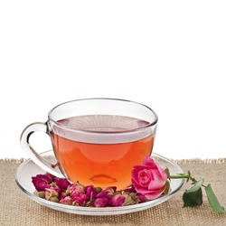 Rose Tea Cup with Rose flower buds isolated on white