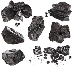 collection set of piece black coal isolated on white background