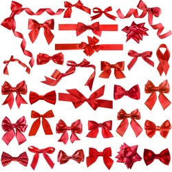 Big collection set of red gift ribbon bows close up isolated on white background