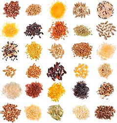 Collection Set of Cereal Grains and Seeds Heaps: Rye, Wheat, Barley, Oat, Corn, Flax, Millet, Rice, Buckwheat, Quinoa closeup isolated on white background