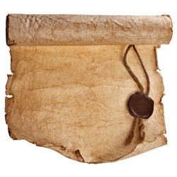 old paper with a wax seal isolated on a white background