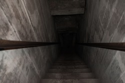 downstairs to dark, old stairs leading to the darkness , horror descend the stairs