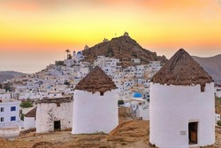 The sunset from the windmills of Chora in Ios island, Greece