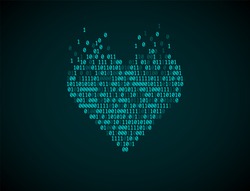Blue heart of binary code. Concept of virtual love, online Dating, robotization, artificial intelligence