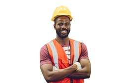 Portrait African black worker standing smile isolated on white background