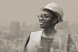 Black woman engineer worker happy smile portrait overlay with city metro for Civil engineer concept.