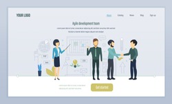 Agile development team. Software development in high-level languages. Programming, coding, integrated approach to tasks, teamwork interaction. Landing page template. Vector illustration.