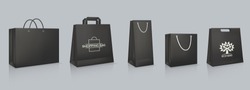 Set of mockup of realistic black paper bag with logotype. Corporate identity blank packaging, shopping bag paper mockup. Branding packaging template with handles. Gift boxing. Vector illustration.