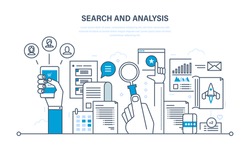 Search and analysis of information, communication and services, marketing and research, information, statistics and analytics. Illustration thin line design of vector doodles, infographics elements.