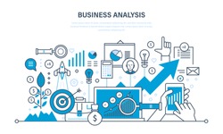 Business analysis, data analytics and research, strategy statistic and planning, marketing, study of performance indicators. Development, investment growth. Illustration thin line design