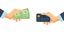 Hands holding credit plastic card and money bills. Concept of financial operations, transactions, investments and cash turnover. Cash and non-cash money turnover. Vector illustration isolated.