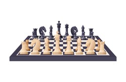 Black and white chess game pieces, figures on chess board. Logical tactical turn-based game, chess tournament, sport game, hobby and interests, highly intellectual occupation. Vector illustration.